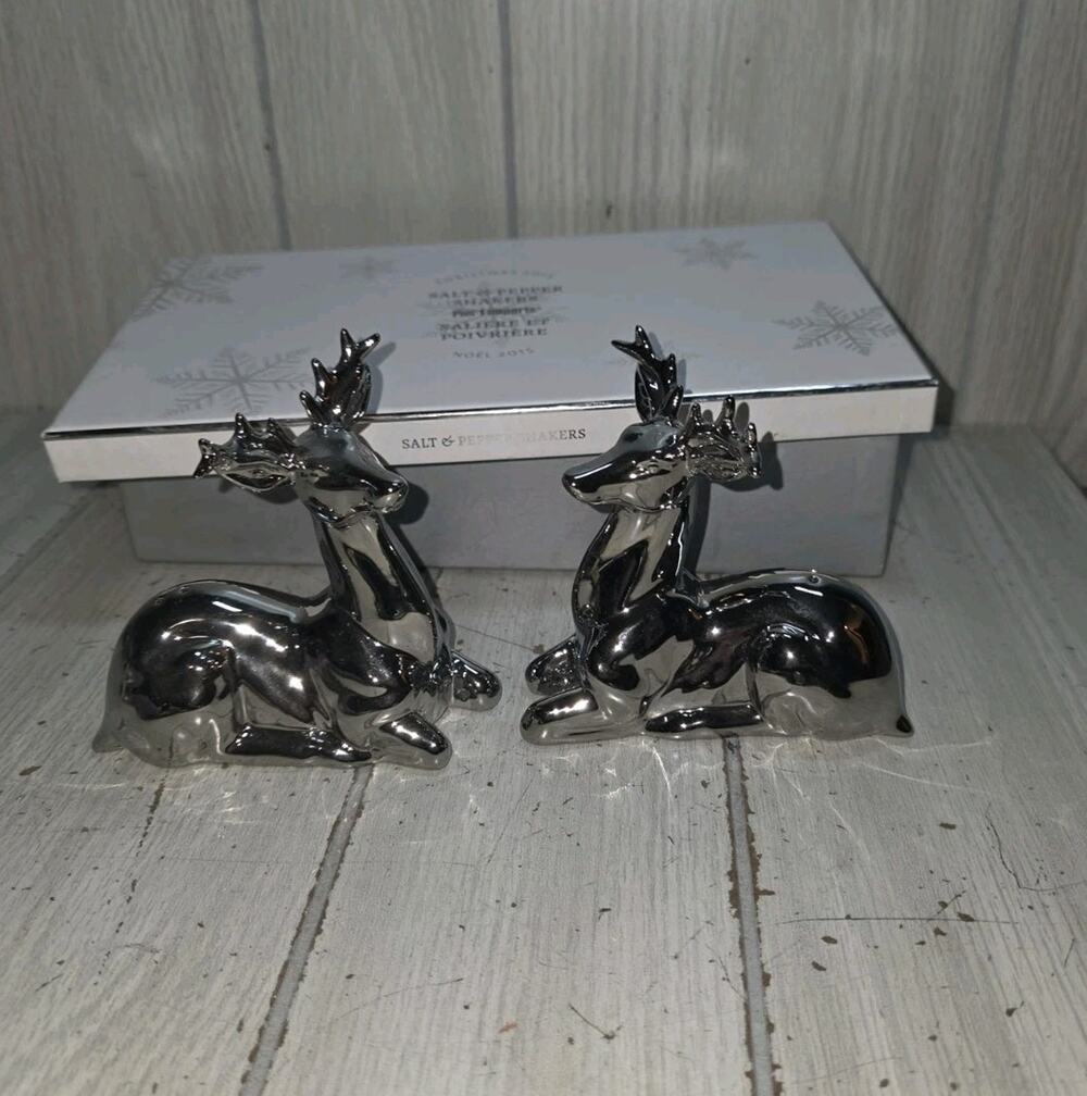 Pier 1 Reindeer Salt & Pepper Shakers Silver Tone Holiday Christmas Festive NIB